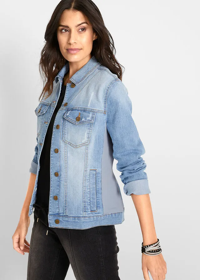 Chaqueta vaquera con cinta de terciopelo lateral azul blanqueado
