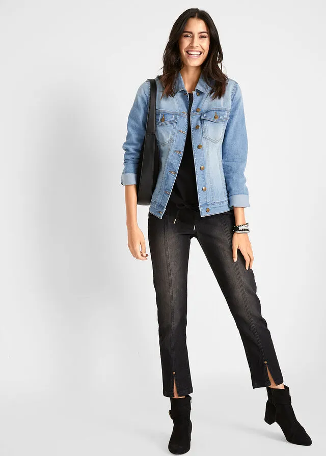 Chaqueta vaquera con cinta de terciopelo lateral azul blanqueado