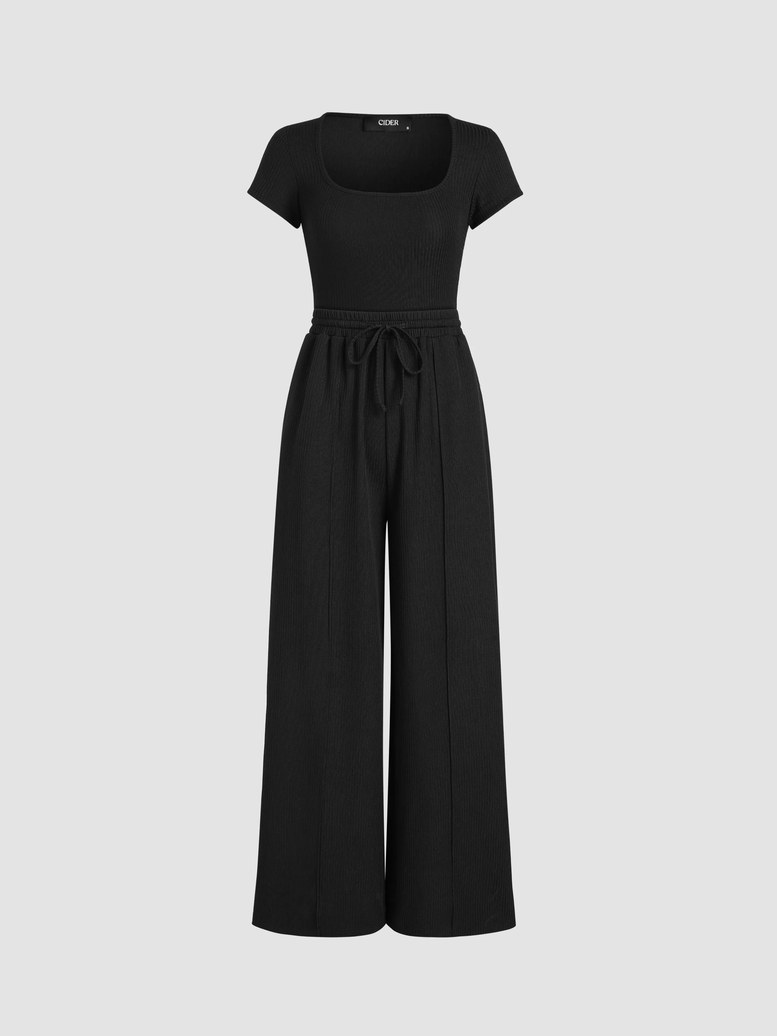 Conjunto de Body con Escote en U y Pantalón de Pierna Ancha con Cintura Elástica