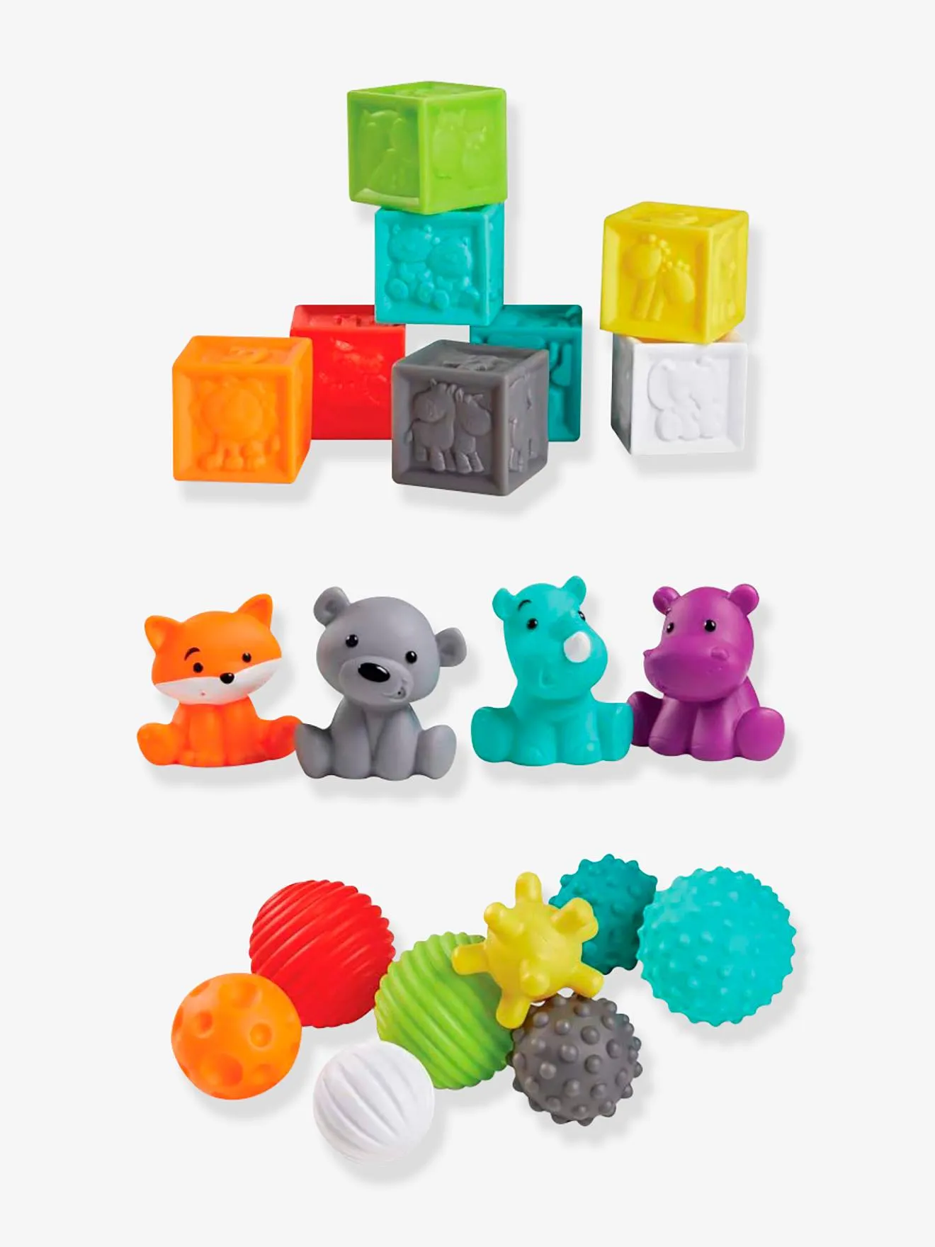 Estuche con 8 bolas, 4 animales y 8 cubos sensoriales Bluebox