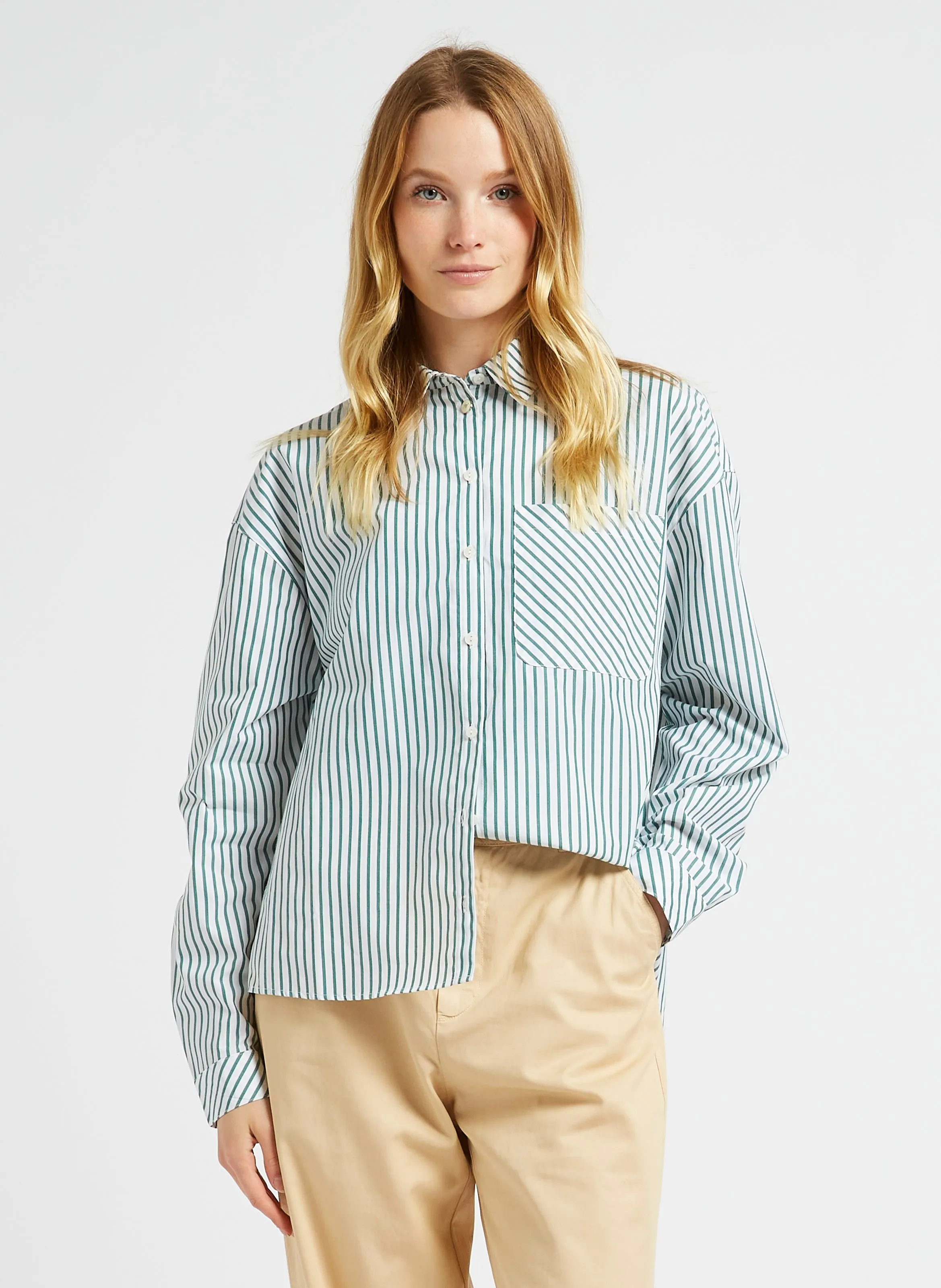 ONE STEP CELESTE  CAMISA DE RAYAS CON CUELLO CLáSICO DE ALGODóN EN VERDE