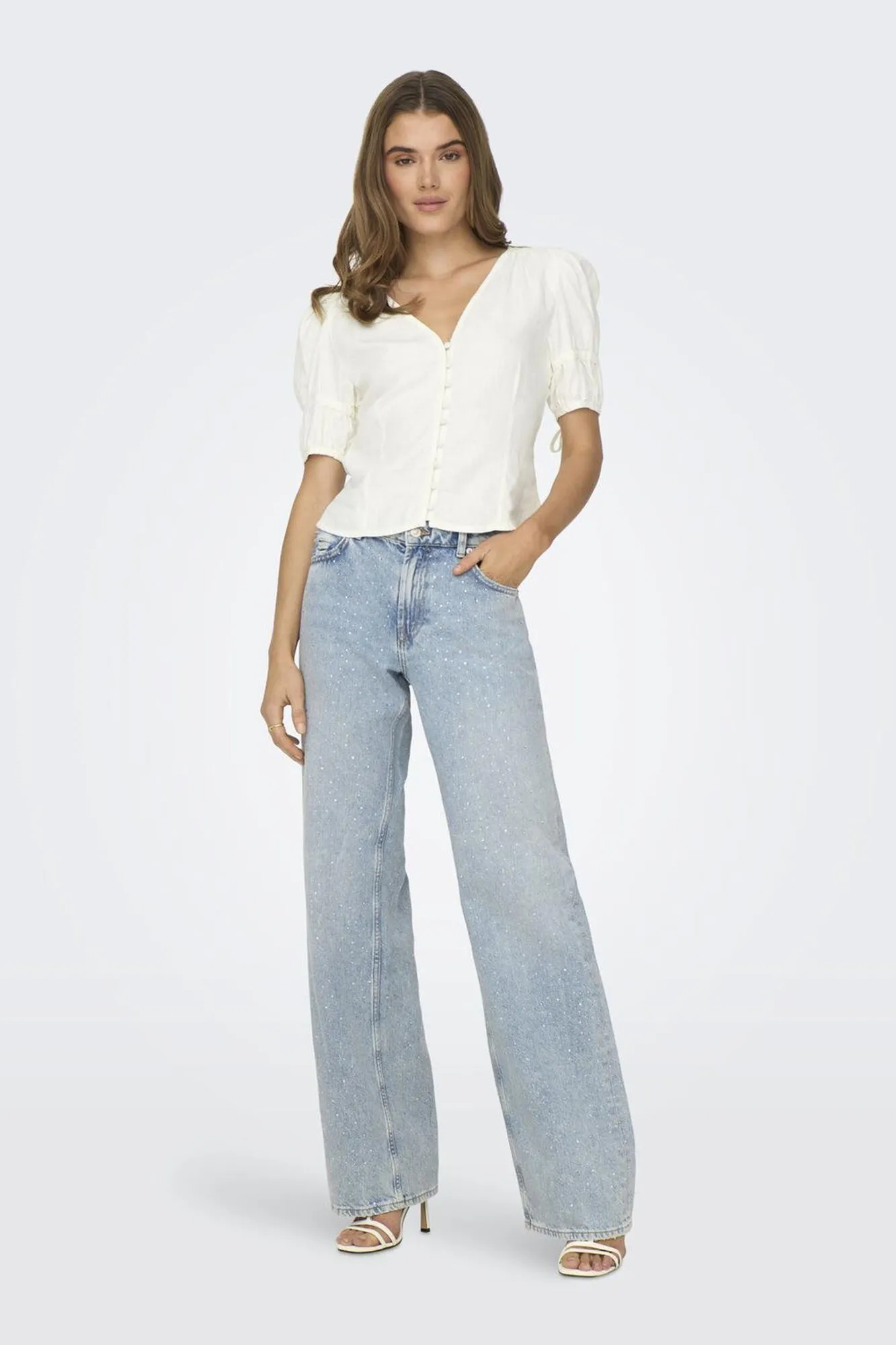 Only Blusa lino manga abullonada