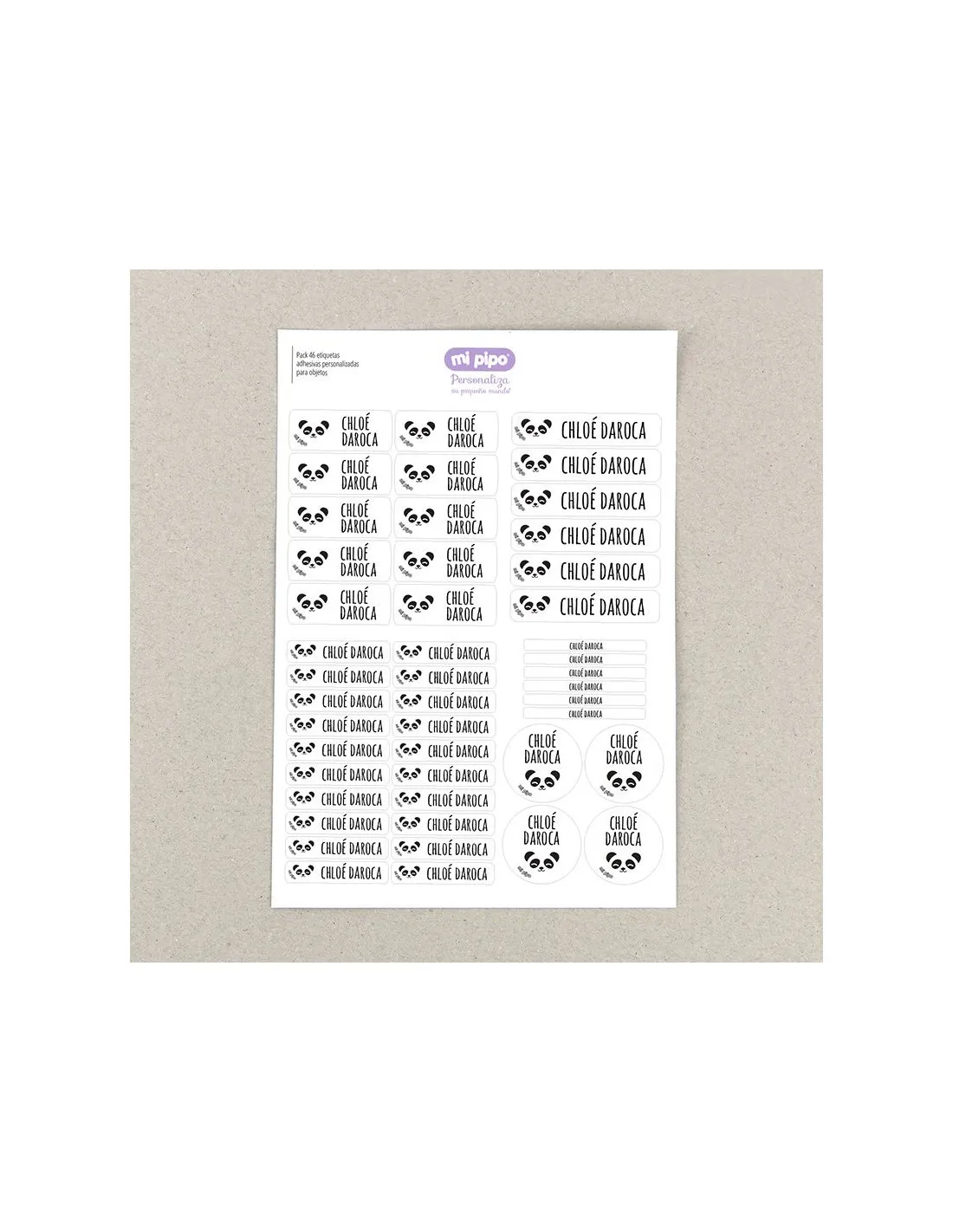 Pack 46 etiquetas personalizadas para objetos Panda blanco Mi Pipo