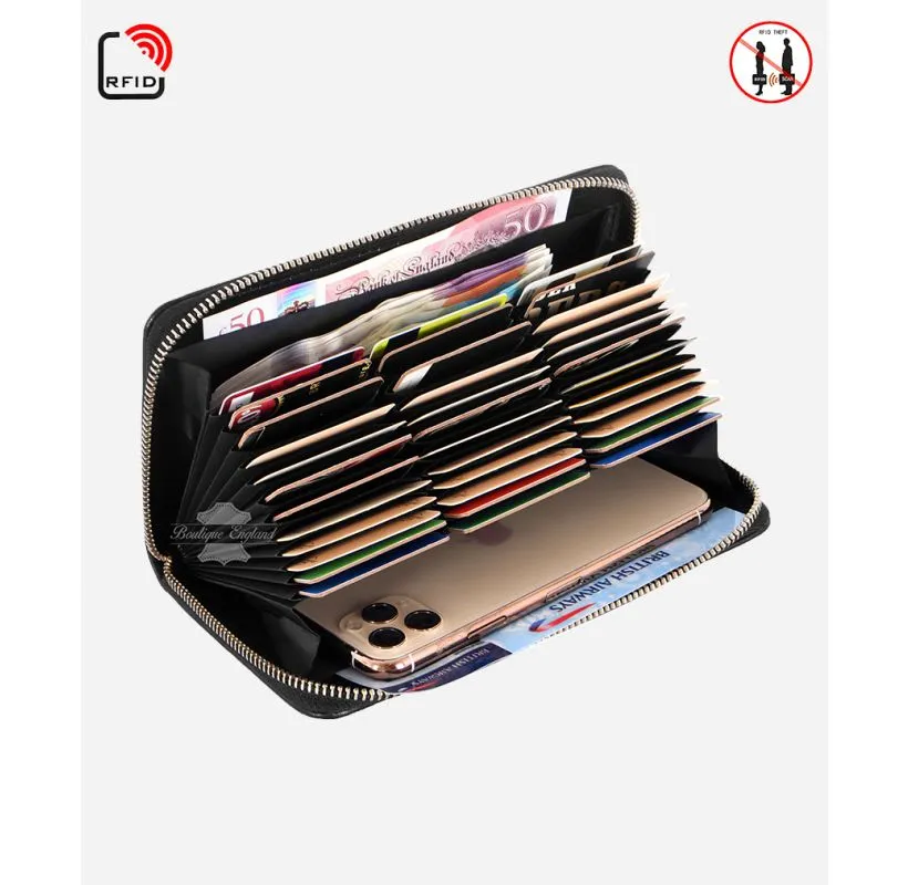 RFID Protected Ladies Leather Clutch Black Elegant Card Holder Hand Bag