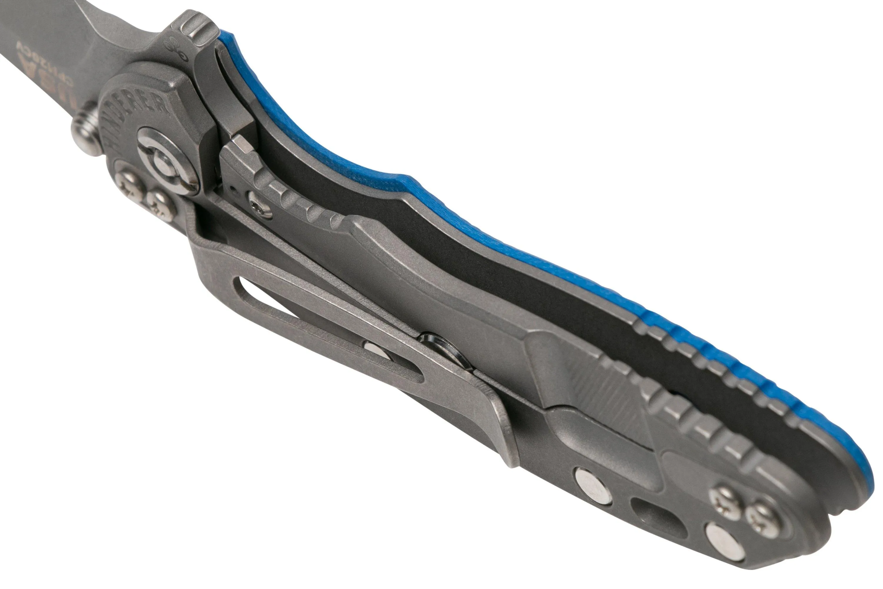 RICK HINDERER XM18 3" WHARNCLIFFE 20CV ACID STONEWASH, WORKING FINISH BLUE G10, NAVAJA
