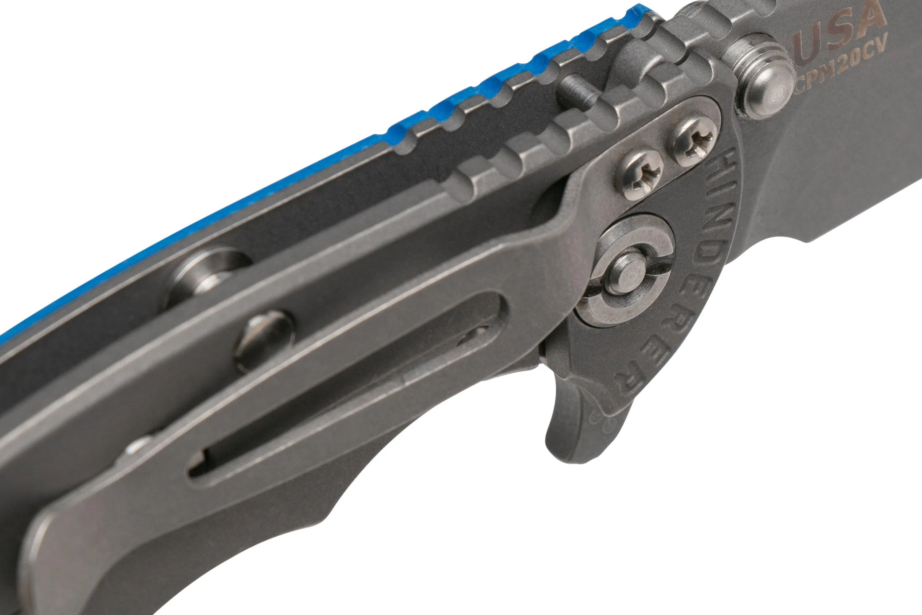 RICK HINDERER XM18 3" WHARNCLIFFE 20CV ACID STONEWASH, WORKING FINISH BLUE G10, NAVAJA