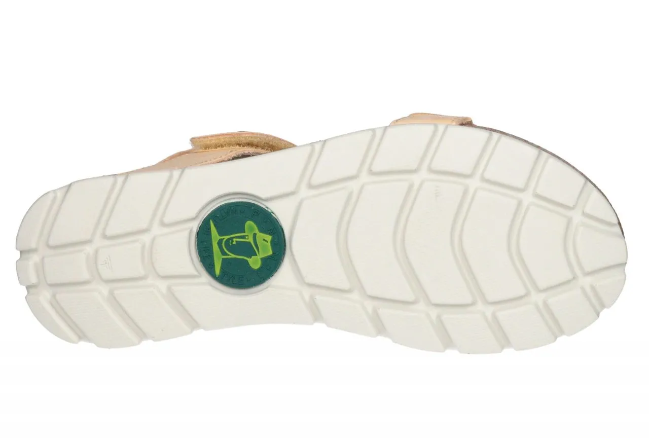 Sandalia Nobuck Beige Velcro Tres Tiras Piso Blanco