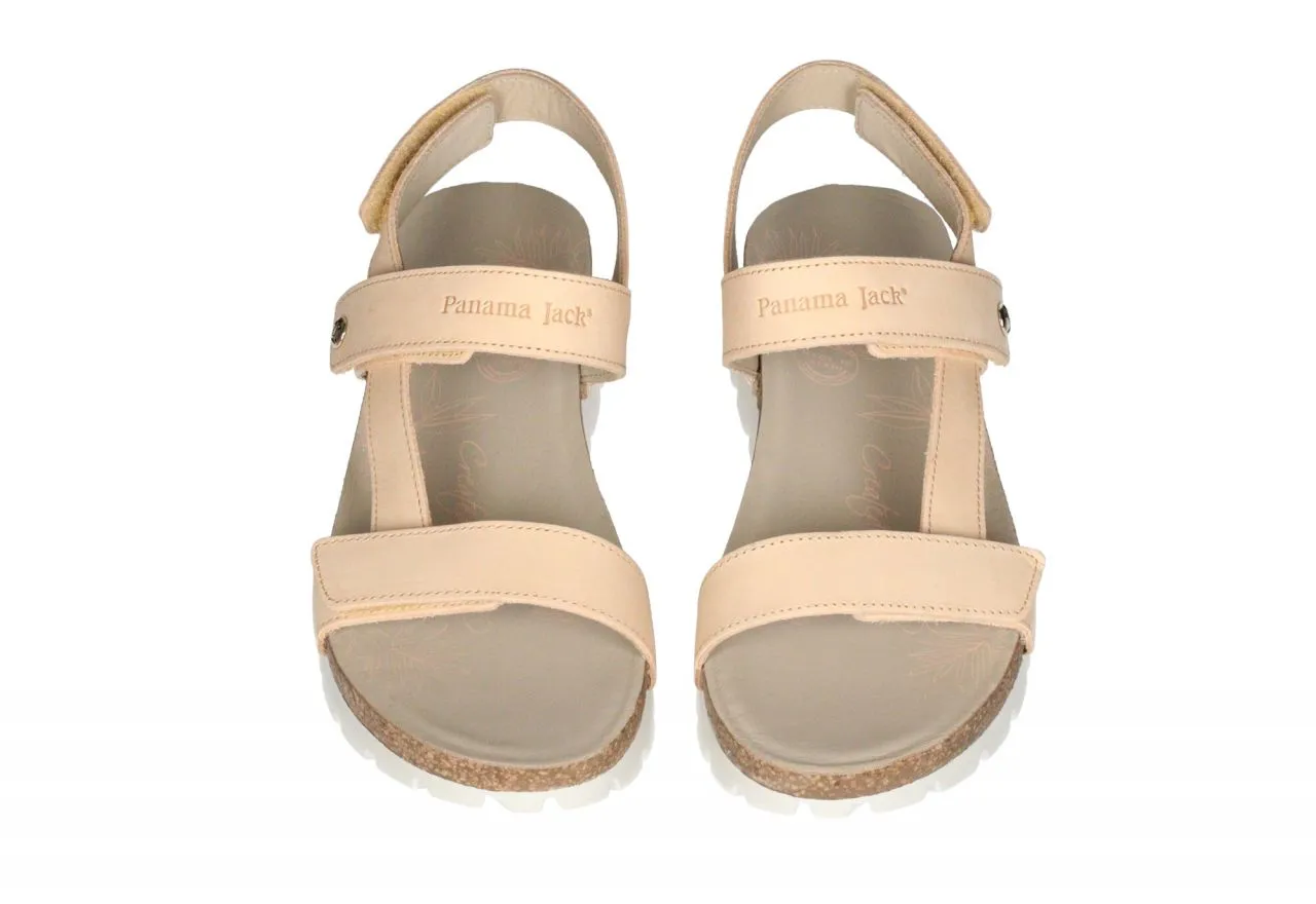 Sandalia Nobuck Beige Velcro Tres Tiras Piso Blanco