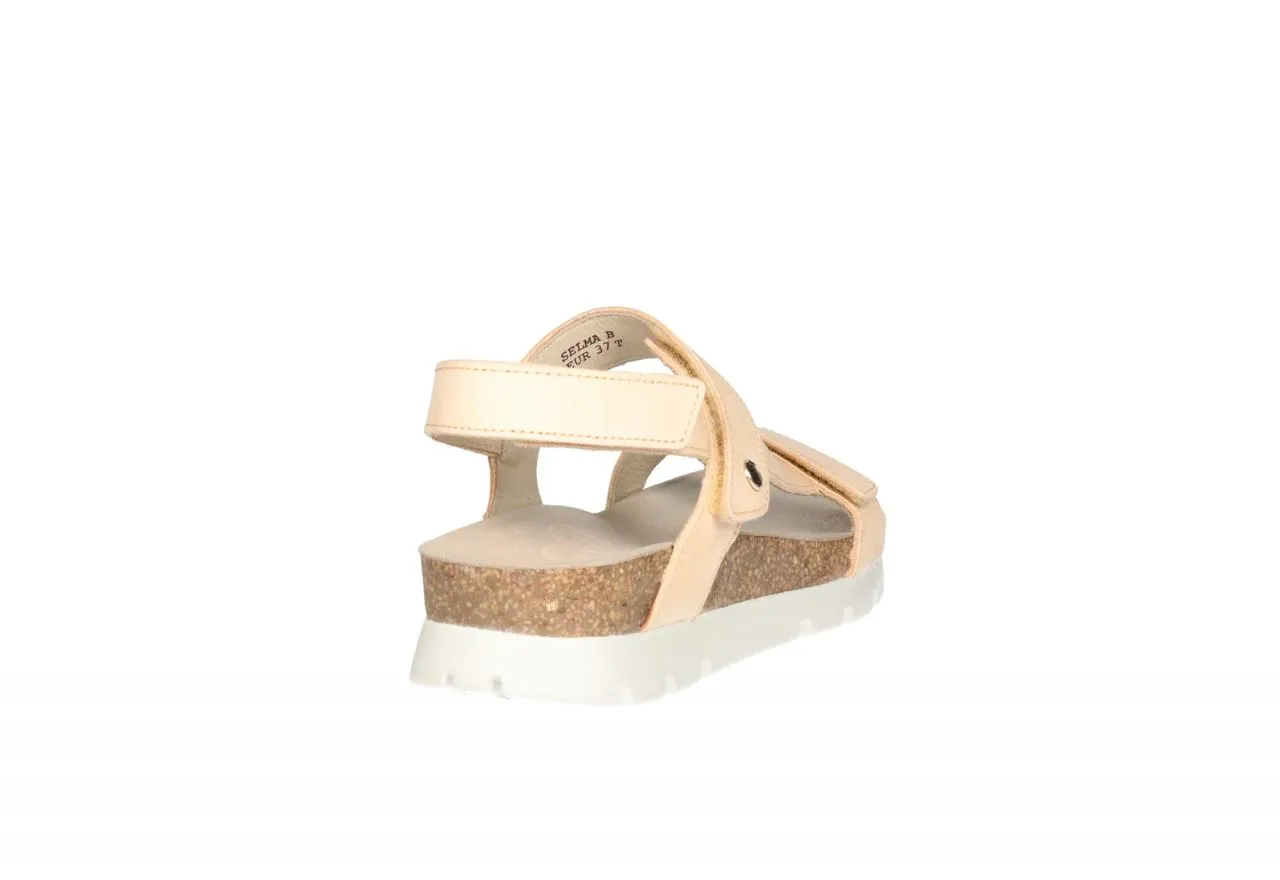 Sandalia Nobuck Beige Velcro Tres Tiras Piso Blanco