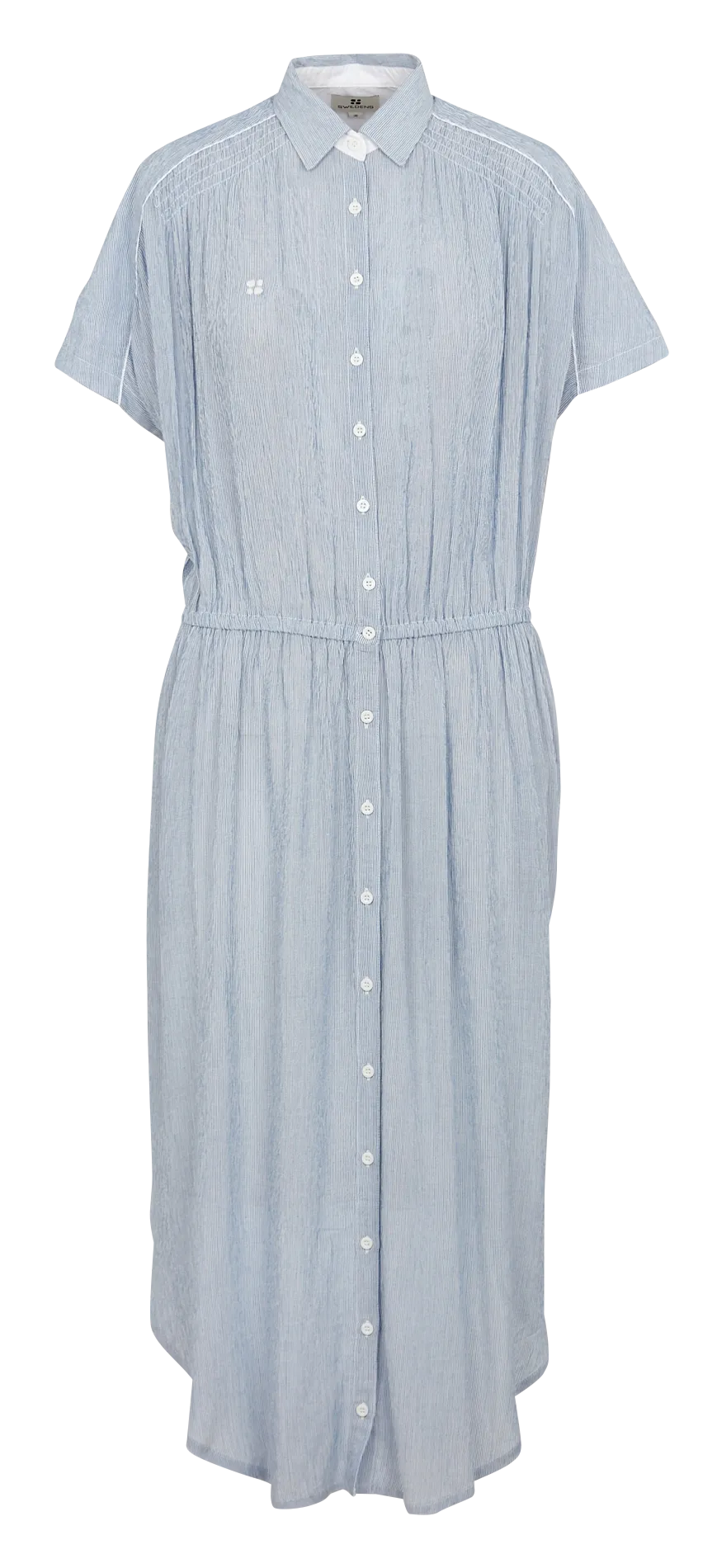SWILDENS IMAN  VESTIDO LARGO RECTO A RAYAS CON CUELLO CLáSICO EN AZUL