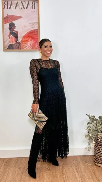Vestido Encaje Evasé Negro