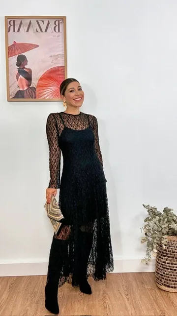 Vestido Encaje Evasé Negro