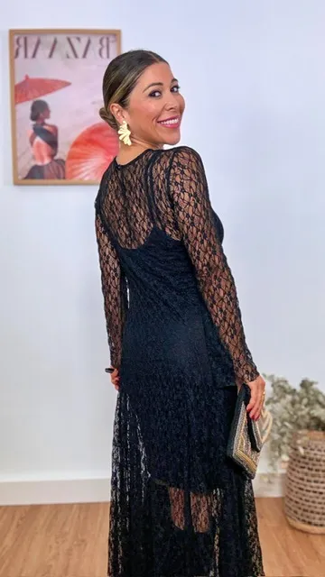 Vestido Encaje Evasé Negro