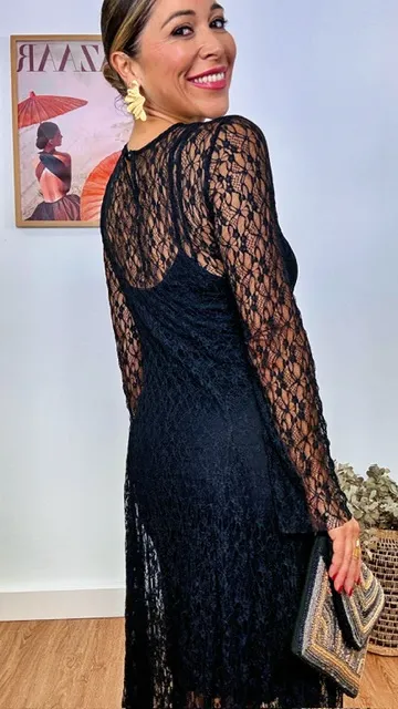 Vestido Encaje Evasé Negro