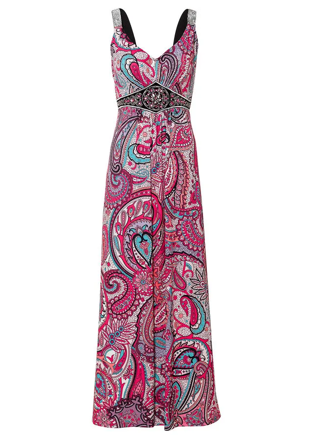 Vestido largo con aplicaciones rosa caliente/turquesa