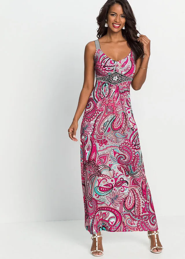 Vestido largo con aplicaciones rosa caliente/turquesa