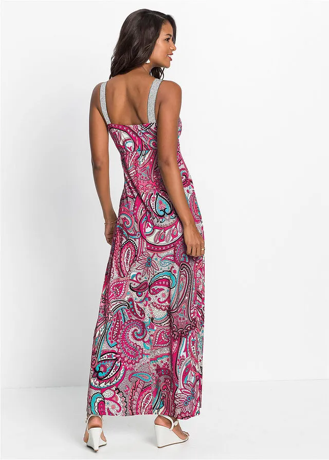 Vestido largo con aplicaciones rosa caliente/turquesa