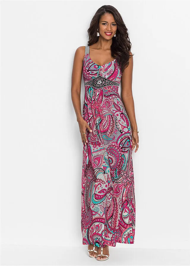 Vestido largo con aplicaciones rosa caliente/turquesa