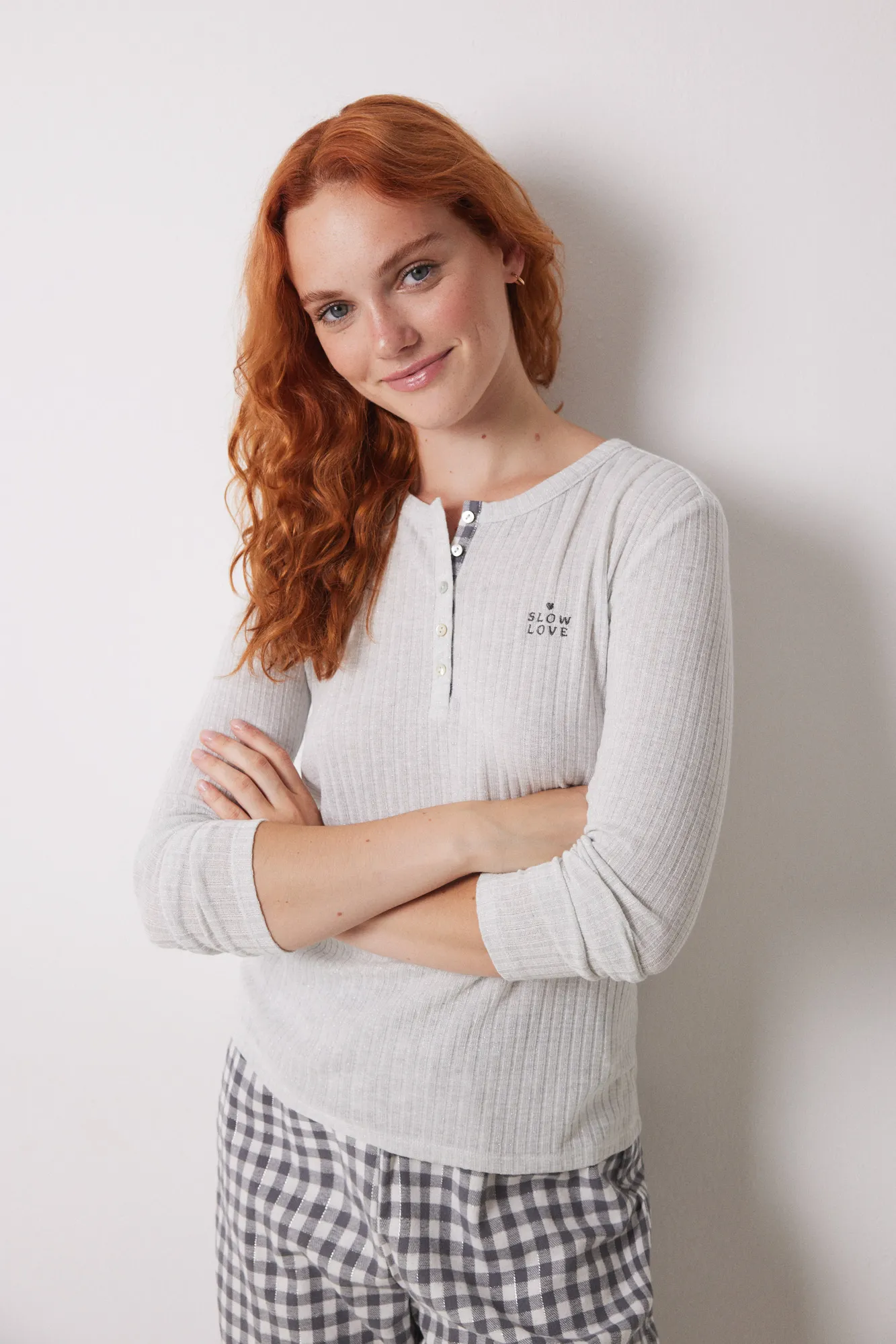 Women'secret Pijama largo cuadros gris