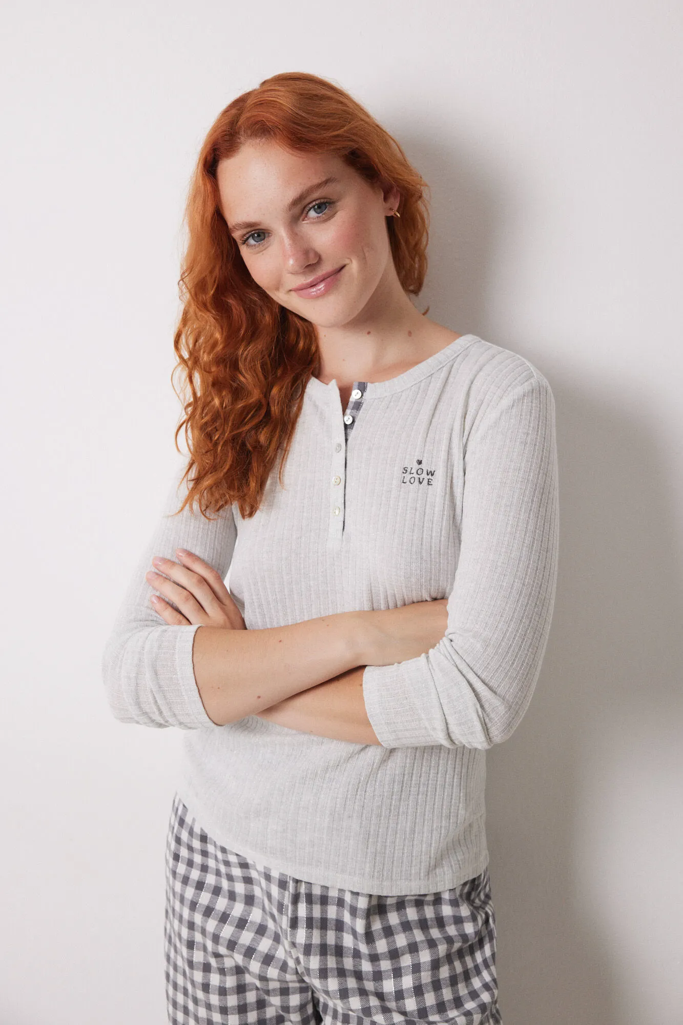 Women'secret Pijama largo cuadros gris