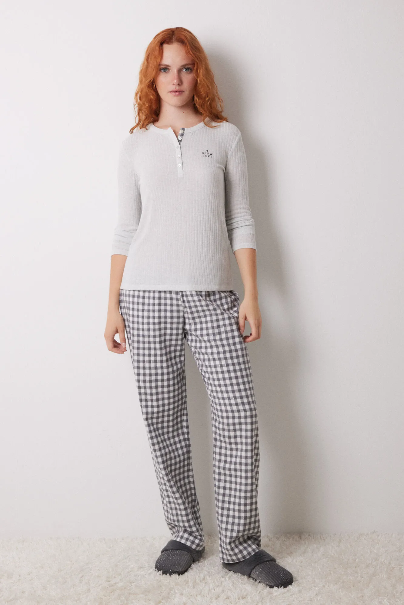 Women'secret Pijama largo cuadros gris